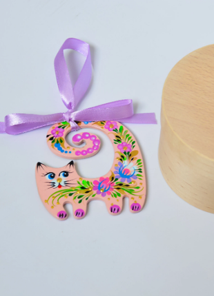 Wooden Beige Cat Christmas Ornament - Custom Folk Art Unique Gift5 photo