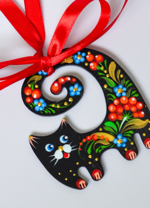 Wooden Black Cat Christmas Ornament - Custom Folk Art Unique Gift