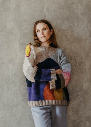 Colorful navy oversize hand-knitted sweater