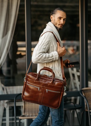 Cognac leather office briefcase, Personalised Real Leather Mens Briefcase Laptop Bag Messenger Bag Office