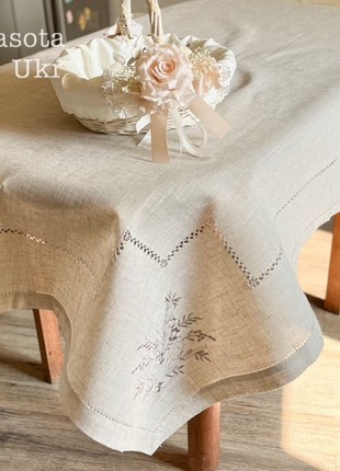 Tablecloth the color of coffee with milk with minimalistic embroidery (110*160 cm) #557