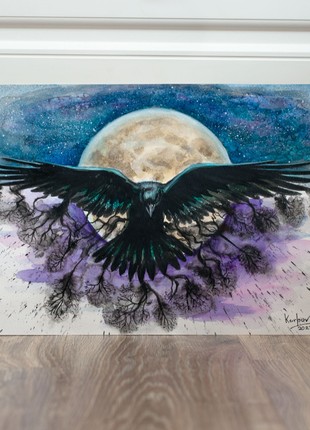 Black Raven with full Moon behind the night sky. Watercolor