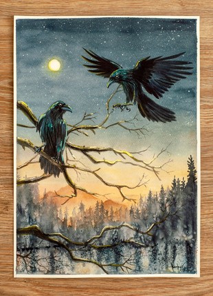 Ravens Huginn & Muninn. Odin`s watchers at mountain lake