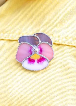 Brooch pink pansy stained glass costume jewelry