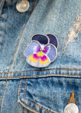 Violet pansy stained glass brooch