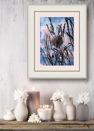 Easy aerial watercolor painting of a dandelion. Painting of wildflowers. Floral painting