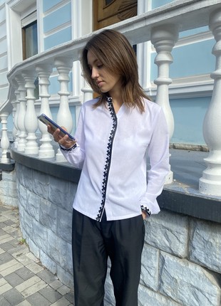 Women's white linen shirt with black  embroidery Office