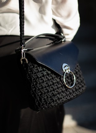 Monique crossbody bag with leather cover, black handmade crochet bag