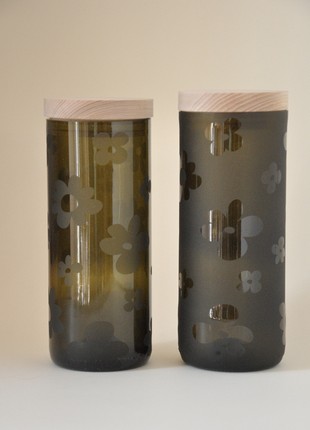 Set of two dark recycled wine bottle storage jar, flowers