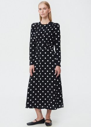Black viscose midi dress with polka dot print
