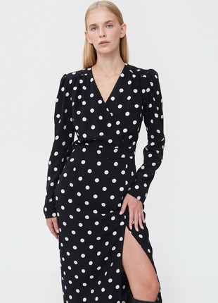 Black viscose midi dress with polka dot print