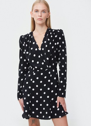 Short black viscose dress with polka dot print