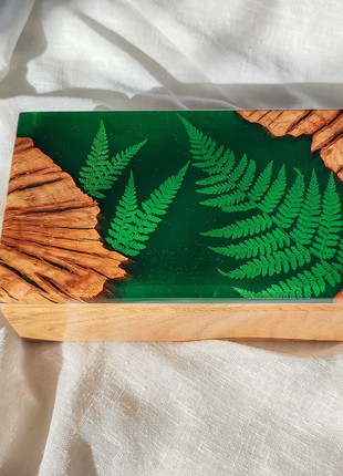 Green decorative box with fern leaves, Wooden Jewelry organizer