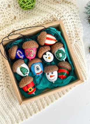 Christmas acorn ornaments Set of 10 Hand painted multi-colored acorns
