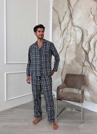 Men's pajamas COZY made of flannel (pants + shirt) check gray and black F671P