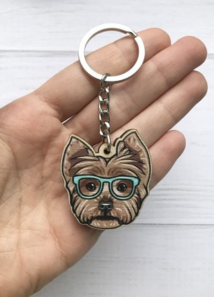 Yorkshire Terrier in Glasses Wooden Double-Sided Keychain