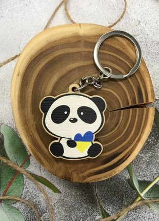 Ukrainian Flag Heart Panda Wooden Keyring