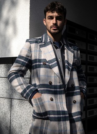A checkered wool coat is blue