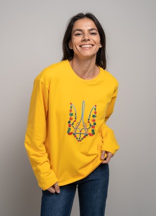 Women's longsleeve oversize with "Red kalyna trident" embroidery, yellow