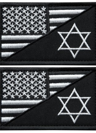 Set of USA and Israel Flag Patches with Hook and Loop, Black and White, Black Border (2 pcs, 5x8 cm)