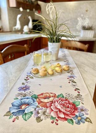 Tapestry table runner limaso 45x140 cm. with flowers2 photo