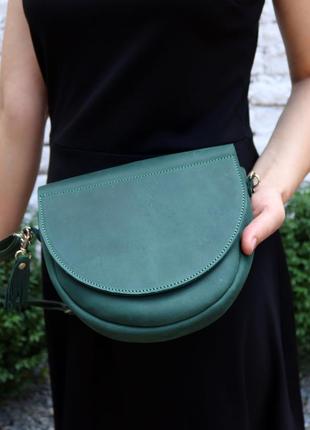 Women's leather minimalist semi-circular bag on a shoulder strap / Green - 010085 photo