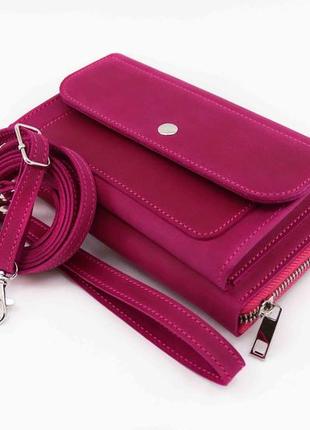 Womens crossbody leather bag-wallet with pocket for cell phone/ Pink - 010113 photo