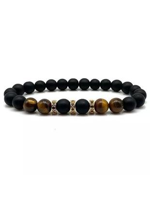 Bracelet made of shungite and tiger's eye with golden discs (80055)