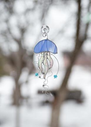 Blue jellyfish stained glass window decor3 photo