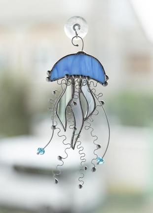 Blue jellyfish stained glass window decor4 photo