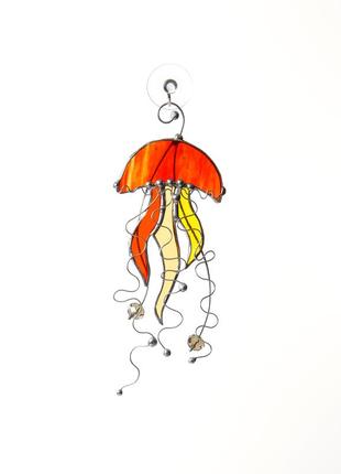 Red jellyfish stained glass suncatcher