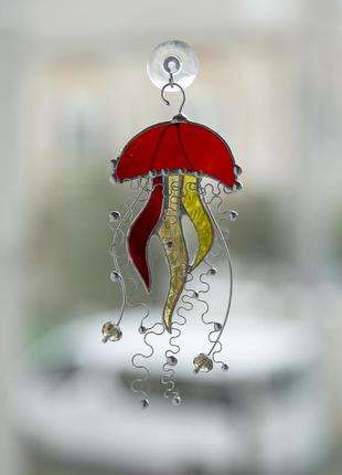 Red jellyfish stained glass suncatcher3 photo