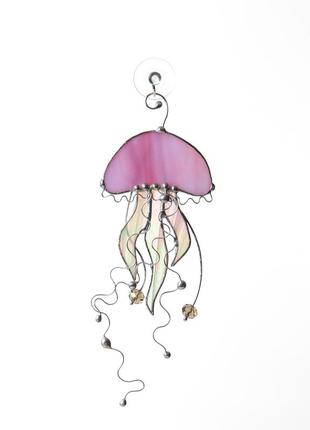 Handmade pink jellyfish stained glass window hangings