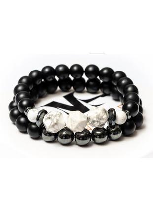 Shungite, Cacholong, Hematite Double Bracelet POLIGON WHITE1 photo