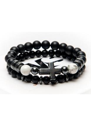 Shungite, cacholong, hematite double bracelet gray cross