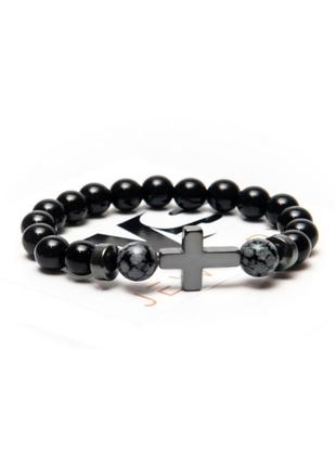 Agate, obsidian, hematite bracelet for men or women, power of agate gray cross