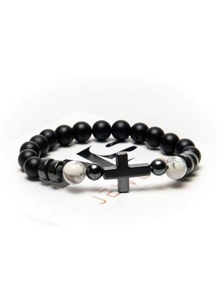 Shungite, cacholong, hematite bracelet for men or women, grey cross1 photo