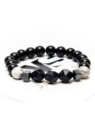 Agate, cacholong, aventurine, hematite bracelet, poligon triple dark and white