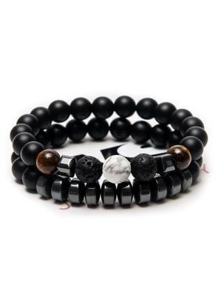 Shungite, cacholong, lava, tigers eye, hematite double bracelet moderation white