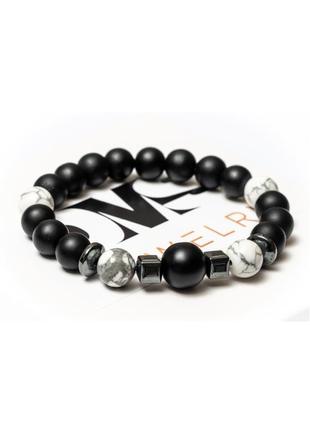Shungite, cacholong, hematite bracelet for men or women, big stone & white