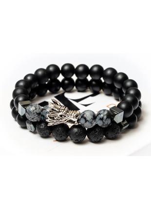 Shungite, lava stone, obsidian, hematite double bracelet grey dragon