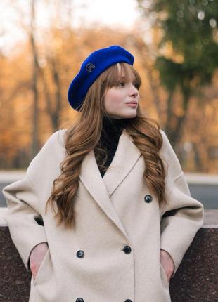 Electric blue woolen beret with gold decor2 photo