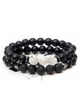 Shungite, lava stone, cacholong, hematite double bracelet double white triple
