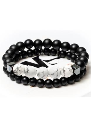 Shungite, cacholong, hematite double bracelet for men or women, men's white style