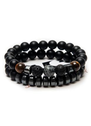 Shungite, obsidian, lava, tigers eye, hematite double bracelet moderation grey