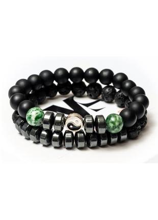 Lava stone, shungite, agate, hematite double bracelet for men or women, green agate yin yan1 photo