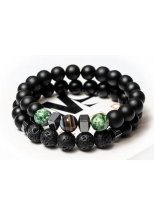 Shungite, agate, lava stone, hematite double bracelet for men or women, natural stone beads 8 mm
