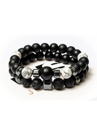 Shungite, cacholong, lava, hematite double  bracelet
