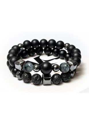 Shungite, obsidian, lava stone, hematite double bracelet for men or women, natural beads 8 mm