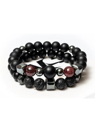 Shungite, garnet, lava stone, hematite double bracelet for men or women, natural stone beads 8 mm